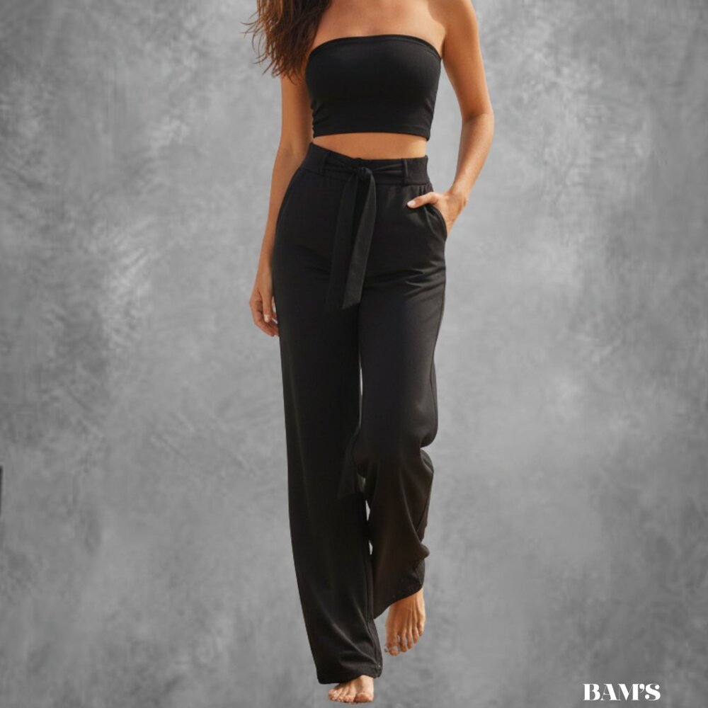 Black Strapless Tube Top Wide Leg Pant Set |‎ Modern Minimal